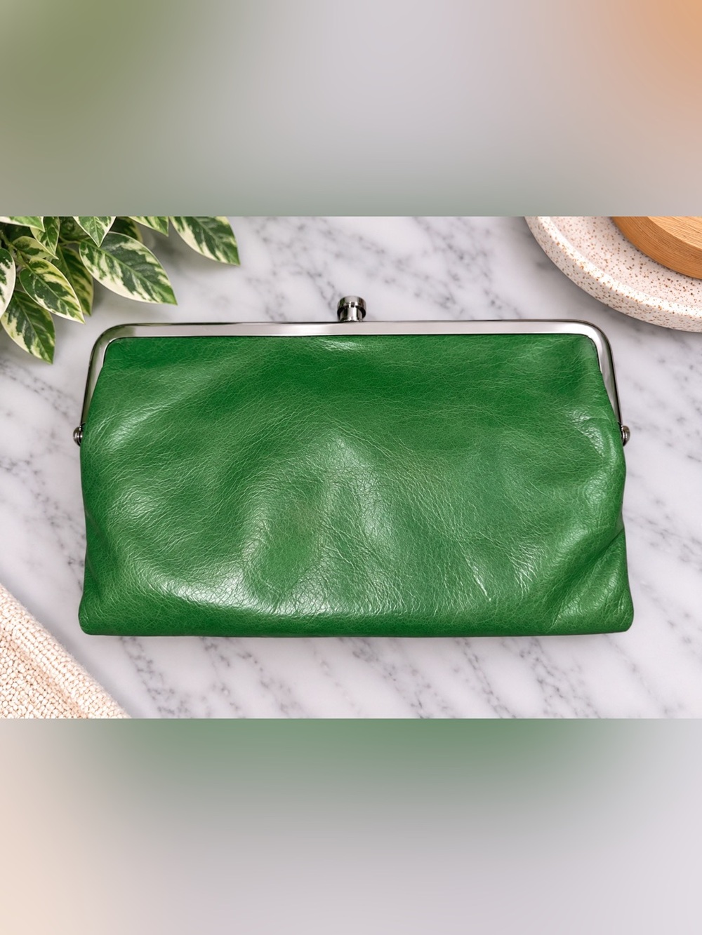 HOBO Lauren Emerald Green Leather Double-Frame Wallet Clutch